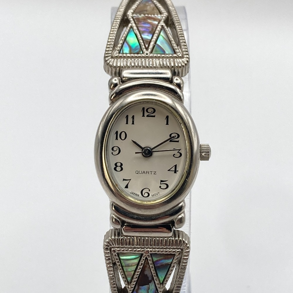 Vtg Abalone Women's Watch 19mm Silver Tone Stretch Band Oval New Battery 6.25"
